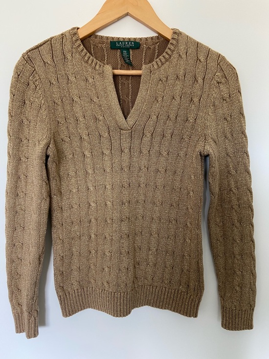 Lauren Ralph Lauren Sweaters - Lauren Ralph Lauren Women’s V-Neck Cable Knit Gold Sweater - PM